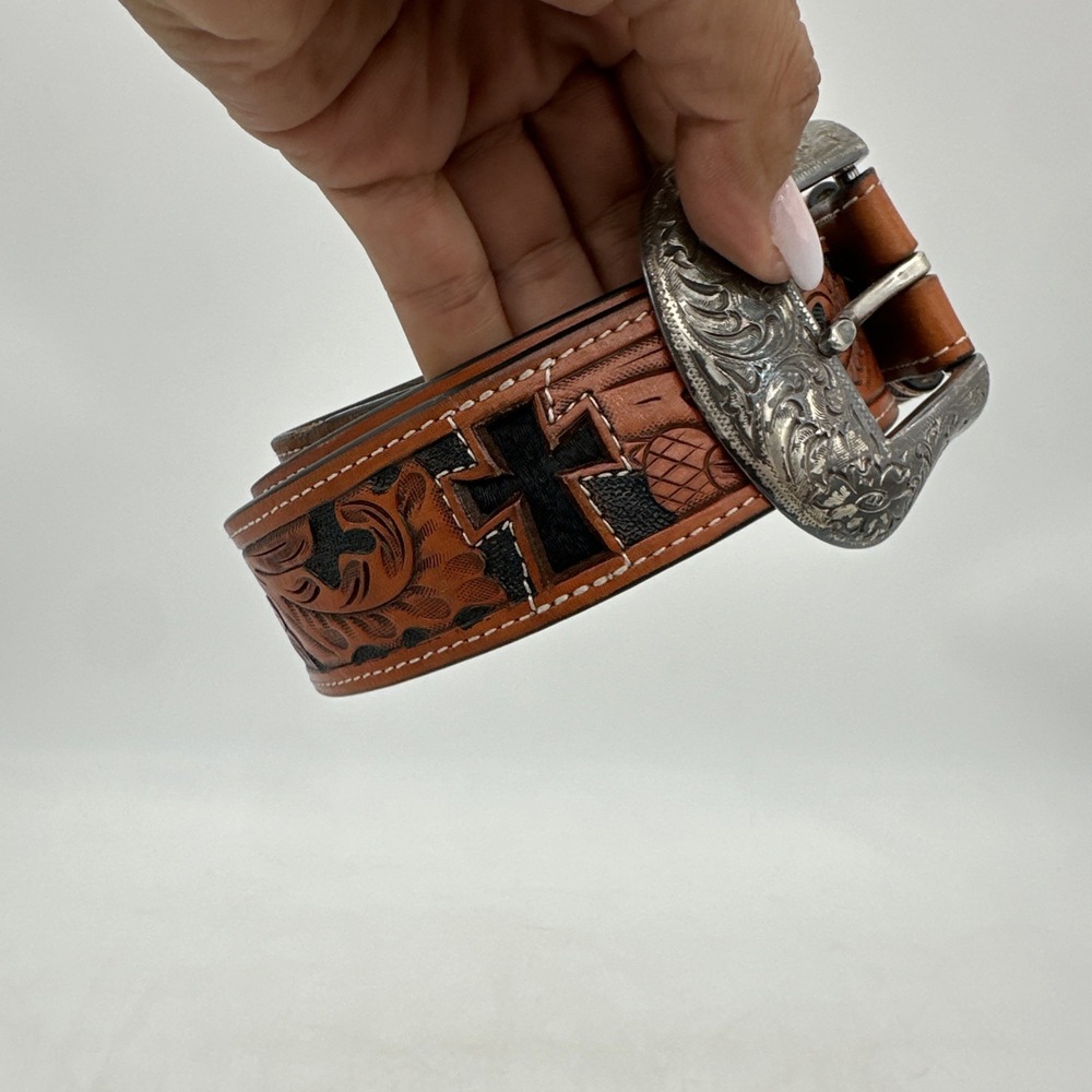 3D Genuine Hand Tooled Leather Cowhide Hair On Cross Western Belt Size 34